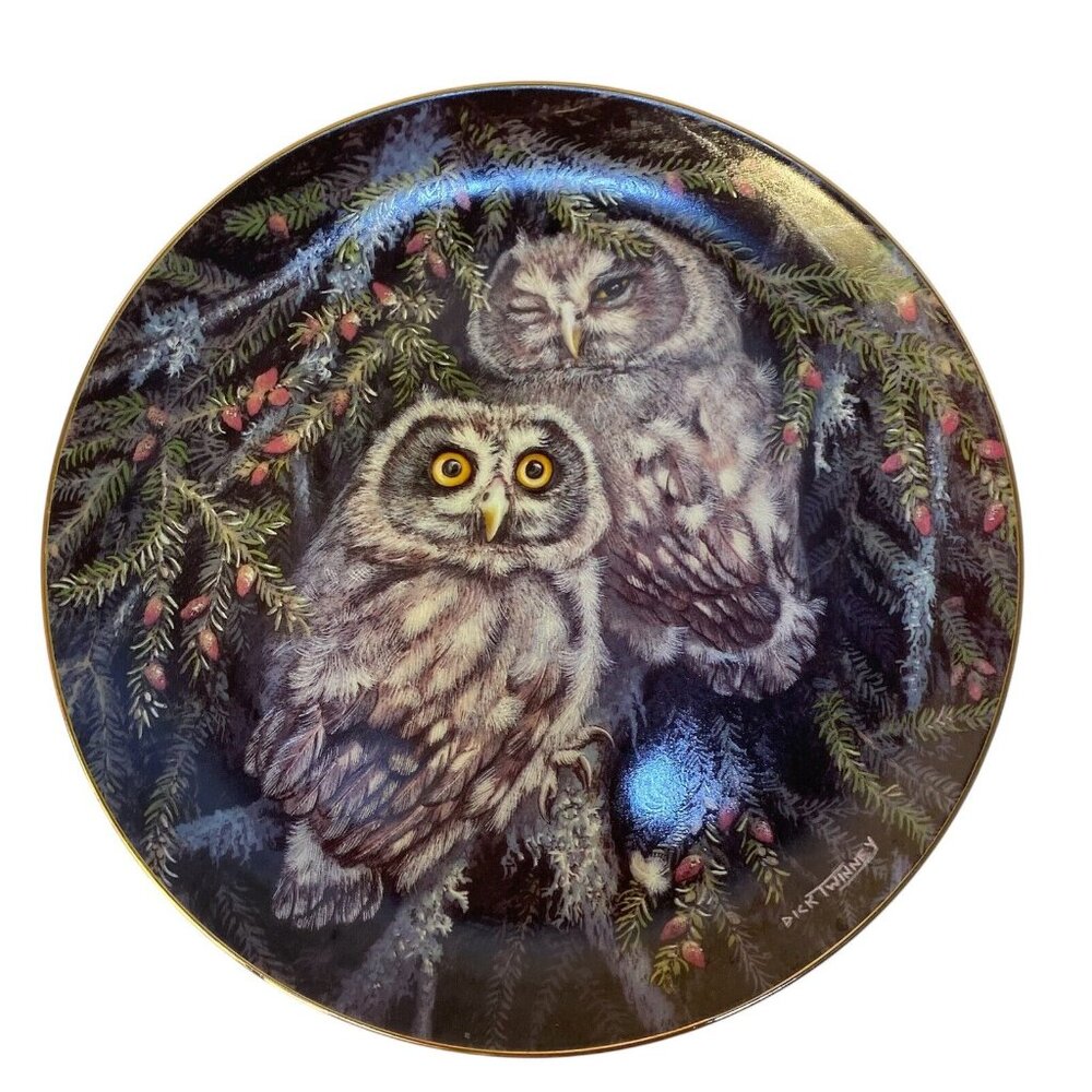 The Danbury Mint Boreal Owls Plate By Dick Twinney, Baby Owls Collection (1988)